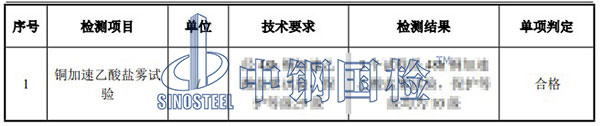 铜加速乙酸盐雾试验检测项目结果